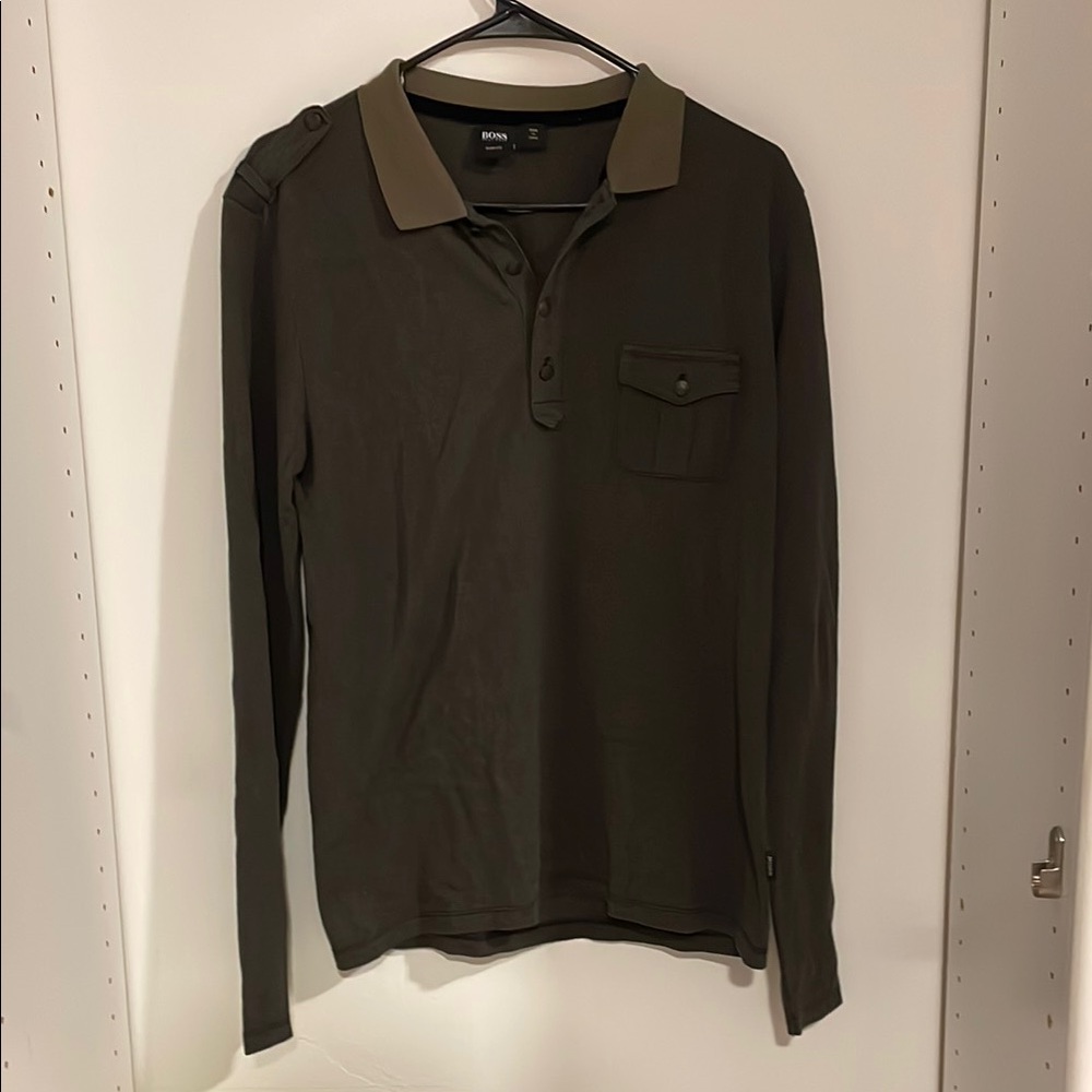 Hugo Boss Men’s Dark Green Long-Sleeved Slim Fit Polo Shirt Small